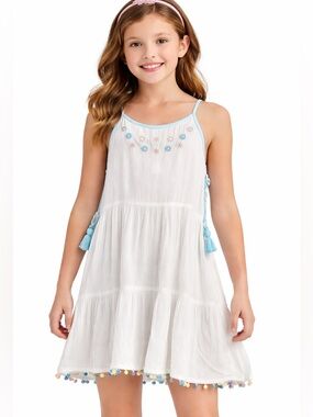 Justice Girls White Boho Dress Size 10 Sleeveless Summer Tassel Trim